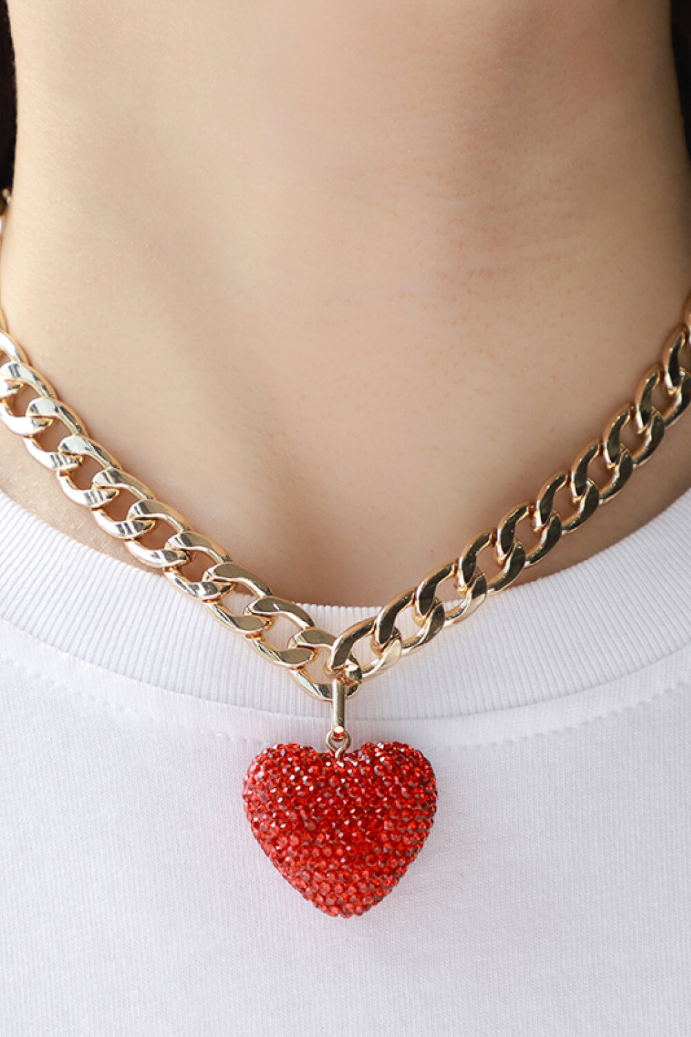 Rhinestone Heart Pendant Curb Chain Necklace-Teresa&#39;s Fashionista LLC