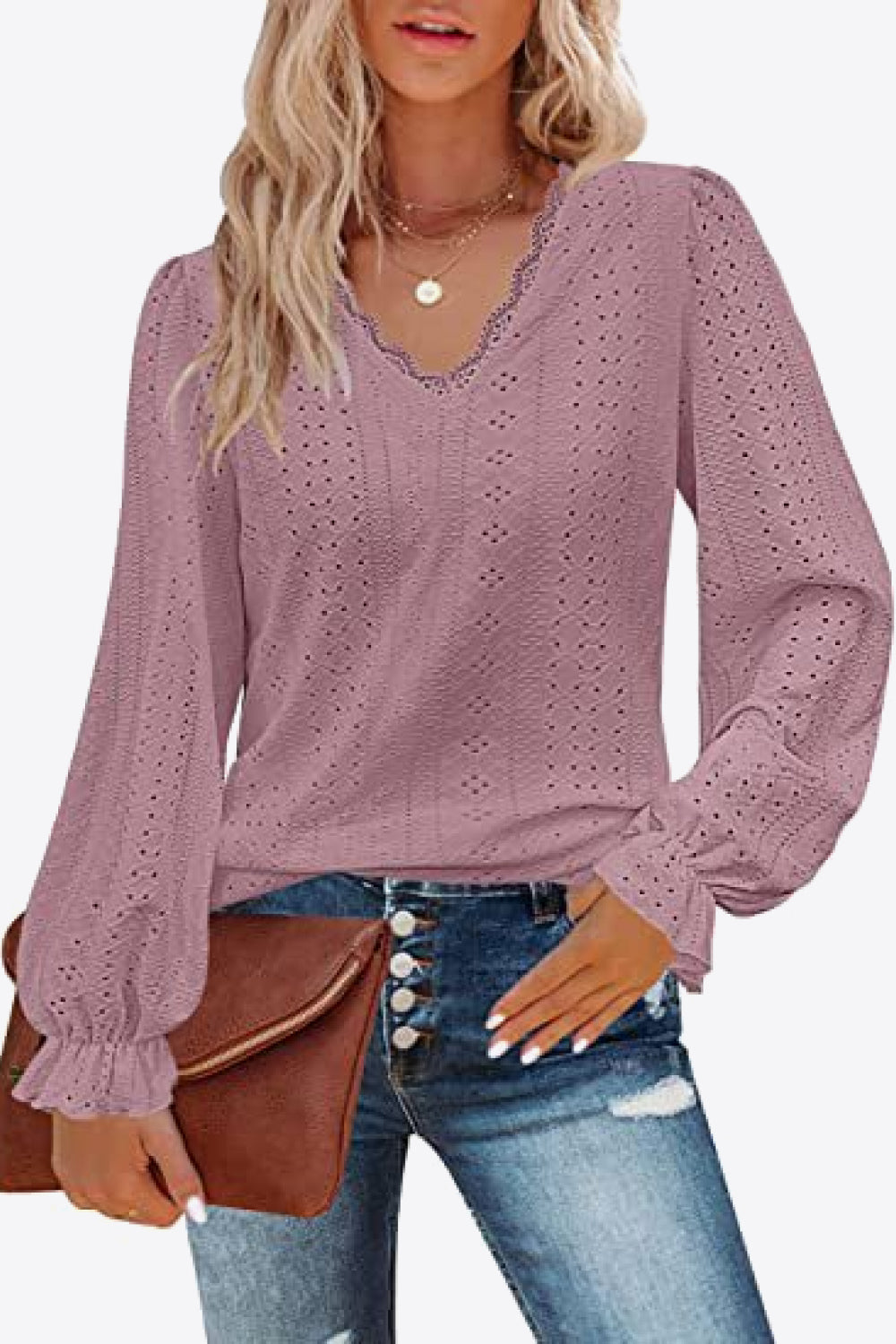 Eyelet V-Neck Flounce Sleeve Blouse-Teresa&#39;s Fashionista LLC