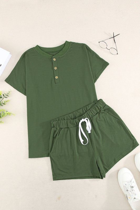 Quarter Button Short Sleeve Top and Shorts Lounge Set-Teresa&#39;s Fashionista LLC