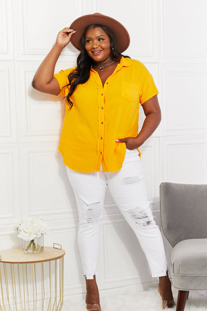 Zenana Full Size Summer Breeze Gauze Short Sleeve Shirt in Mustard-Teresa&#39;s Fashionista LLC