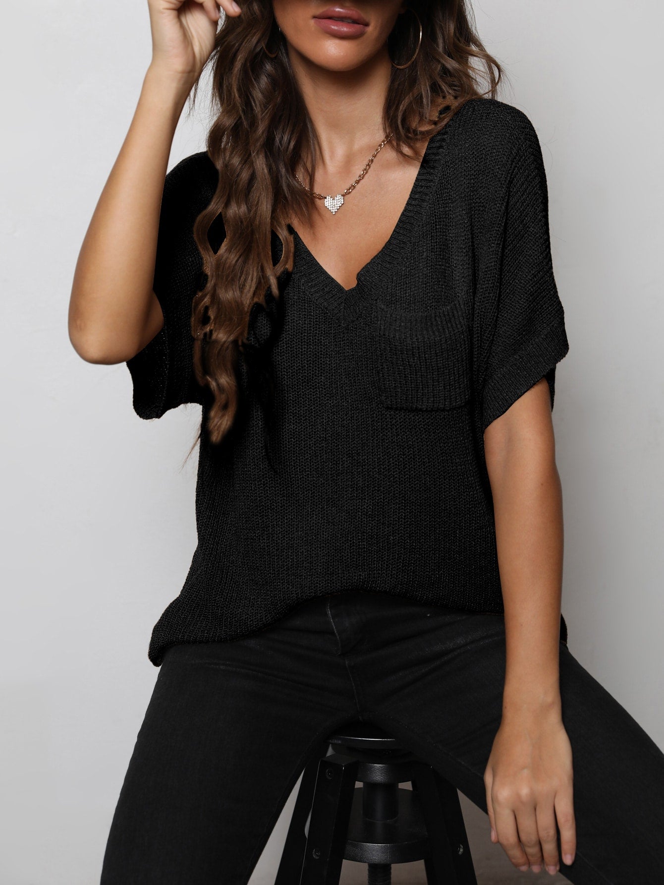 V-Neck Slit High-Low Knit Top-Teresa&#39;s Fashionista LLC