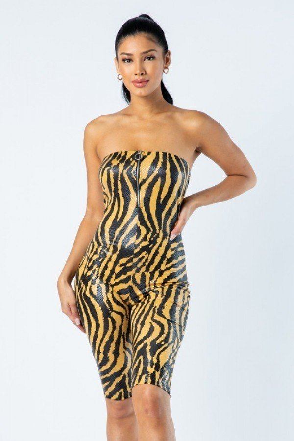 Zebra Print Tube Romper With Front O Ring Zipper Detail-Teresa&#39;s Fashionista LLC