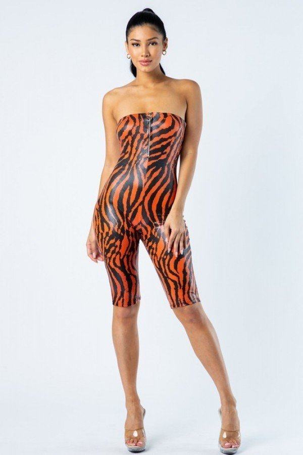 Zebra Print Tube Romper With Front O Ring Zipper Detail-Teresa&#39;s Fashionista LLC