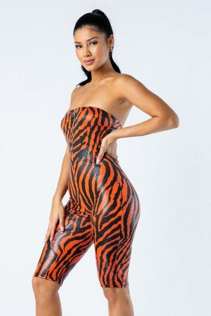 Zebra Print Tube Romper With Front O Ring Zipper Detail-Teresa&#39;s Fashionista LLC