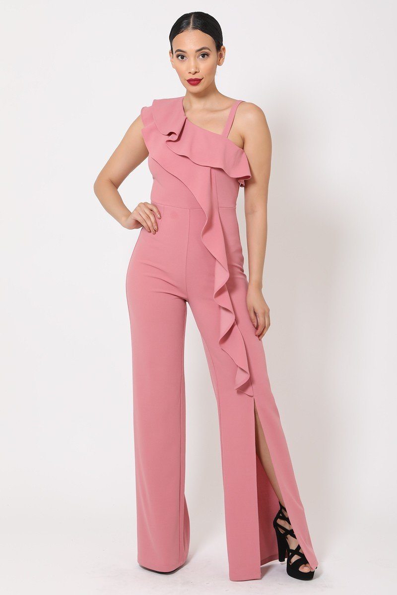 One Shoulder Ruffle Jumpsuit-Teresa&#39;s Fashionista LLC