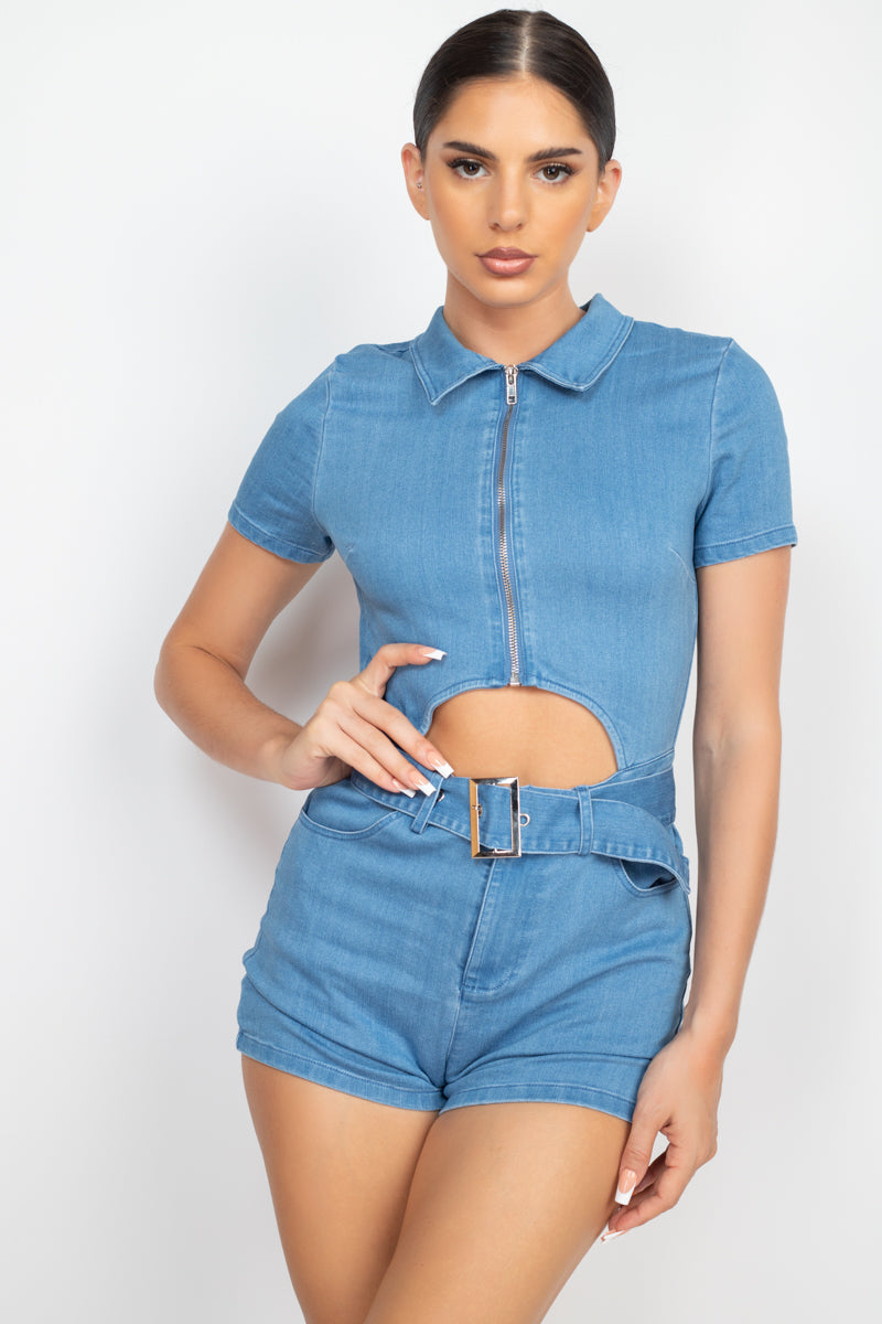 Belted Zip-up Denim Romper-Teresa&#39;s Fashionista LLC