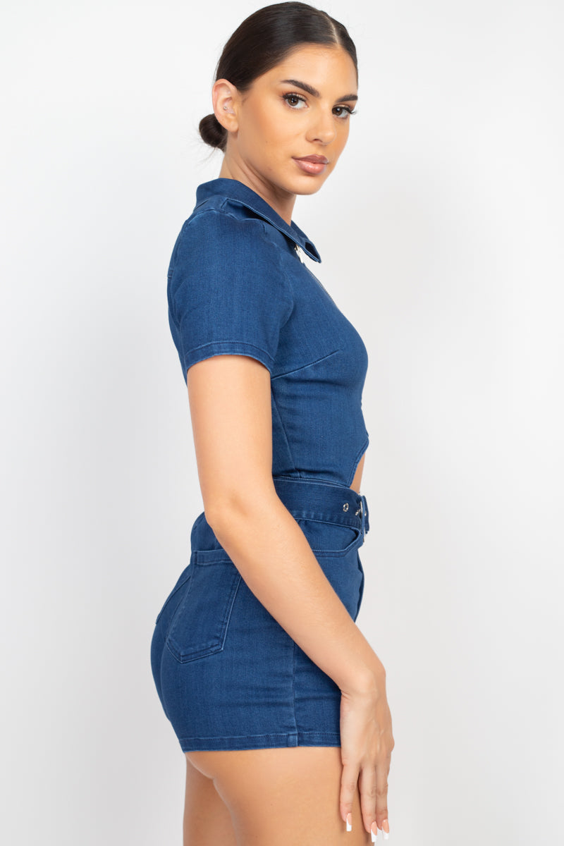 Belted Zip-up Denim Romper-Teresa&#39;s Fashionista LLC