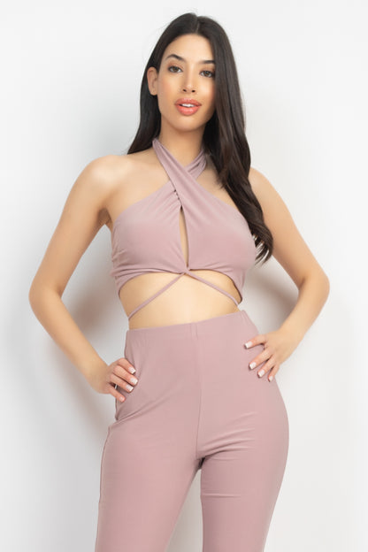 Solid Halter Top And Elastic Leggings Set-Teresa&#39;s Fashionista LLC