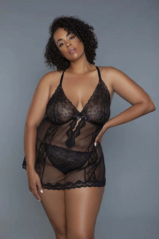 2 Pc Unlined Lace Cups Babydoll Sheer Mesh And Lace Front Panels Design-Teresa&#39;s Fashionista LLC