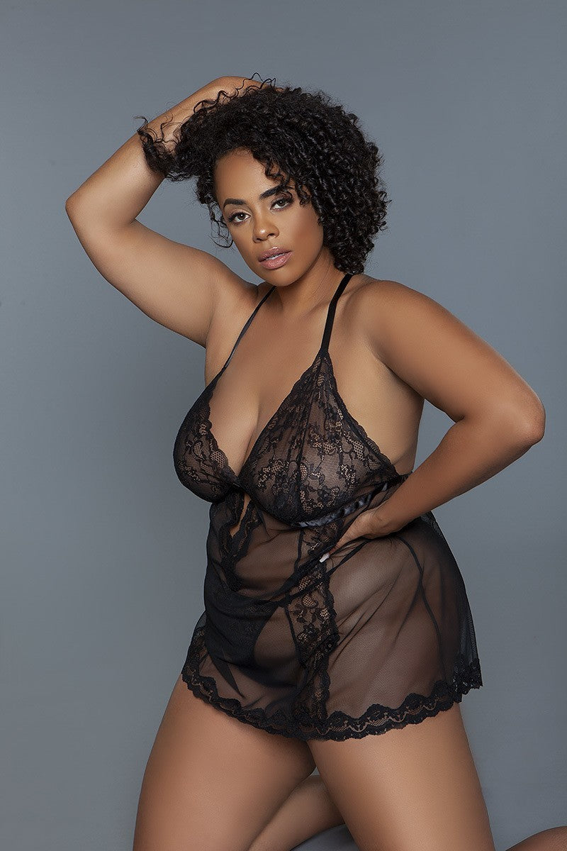 2 Pc Unlined Lace Cups Babydoll Sheer Mesh And Lace Front Panels Design-Teresa&#39;s Fashionista LLC