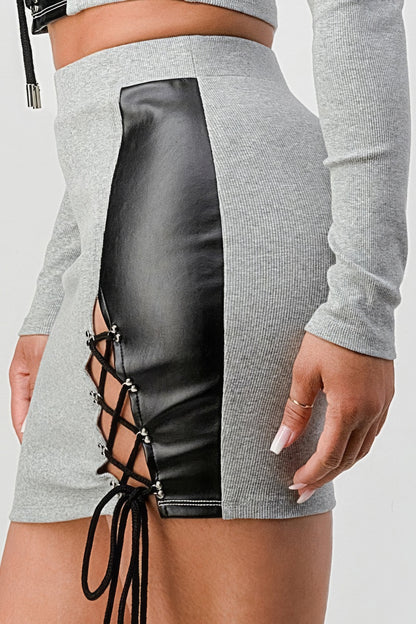 2 Piece Set With Cropped Long Sleeve Shirt With Pu Leather Detail Matching Mini Skirt-Teresa&#39;s Fashionista LLC