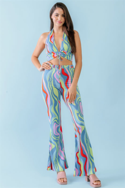 Multicolor Abstract Print Halter V-neck Ruched Open Back Crop Top & High Waist Pants Set - Teresa's Fashionista LLC