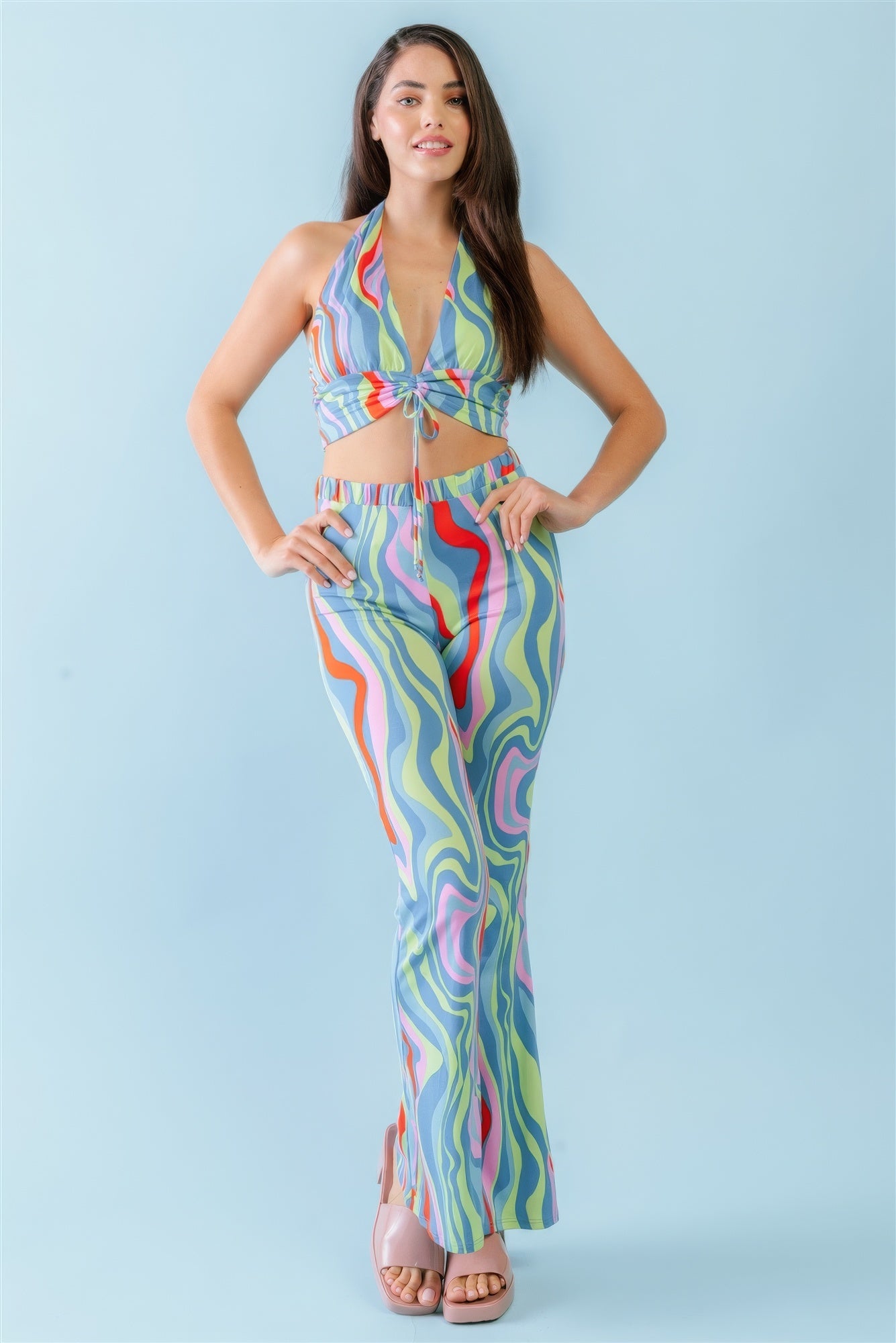 Multicolor Abstract Print Halter V-neck Ruched Open Back Crop Top & High Waist Pants Set-Teresa&#39;s Fashionista LLC