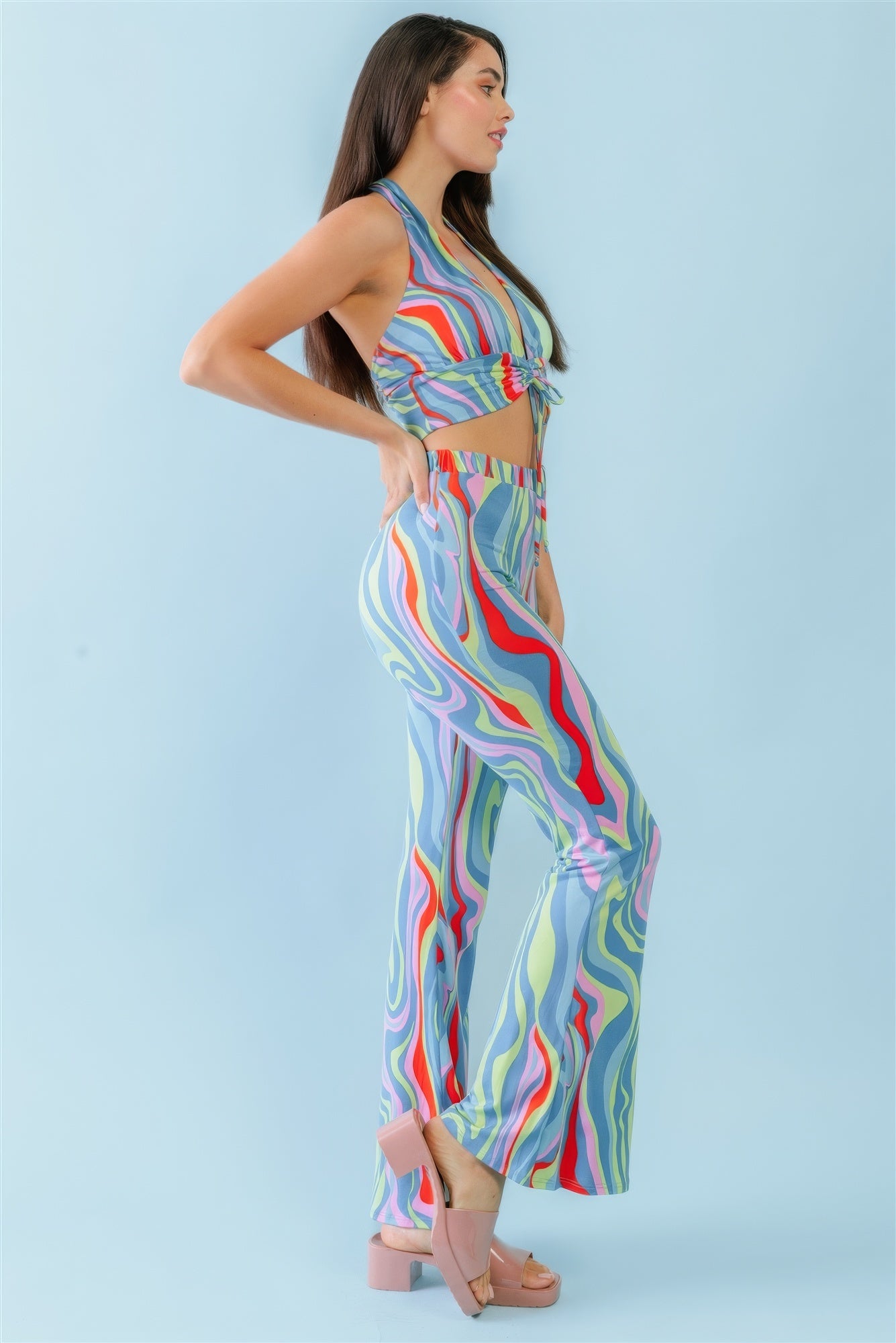 Multicolor Abstract Print Halter V-neck Ruched Open Back Crop Top & High Waist Pants Set-Teresa&#39;s Fashionista LLC