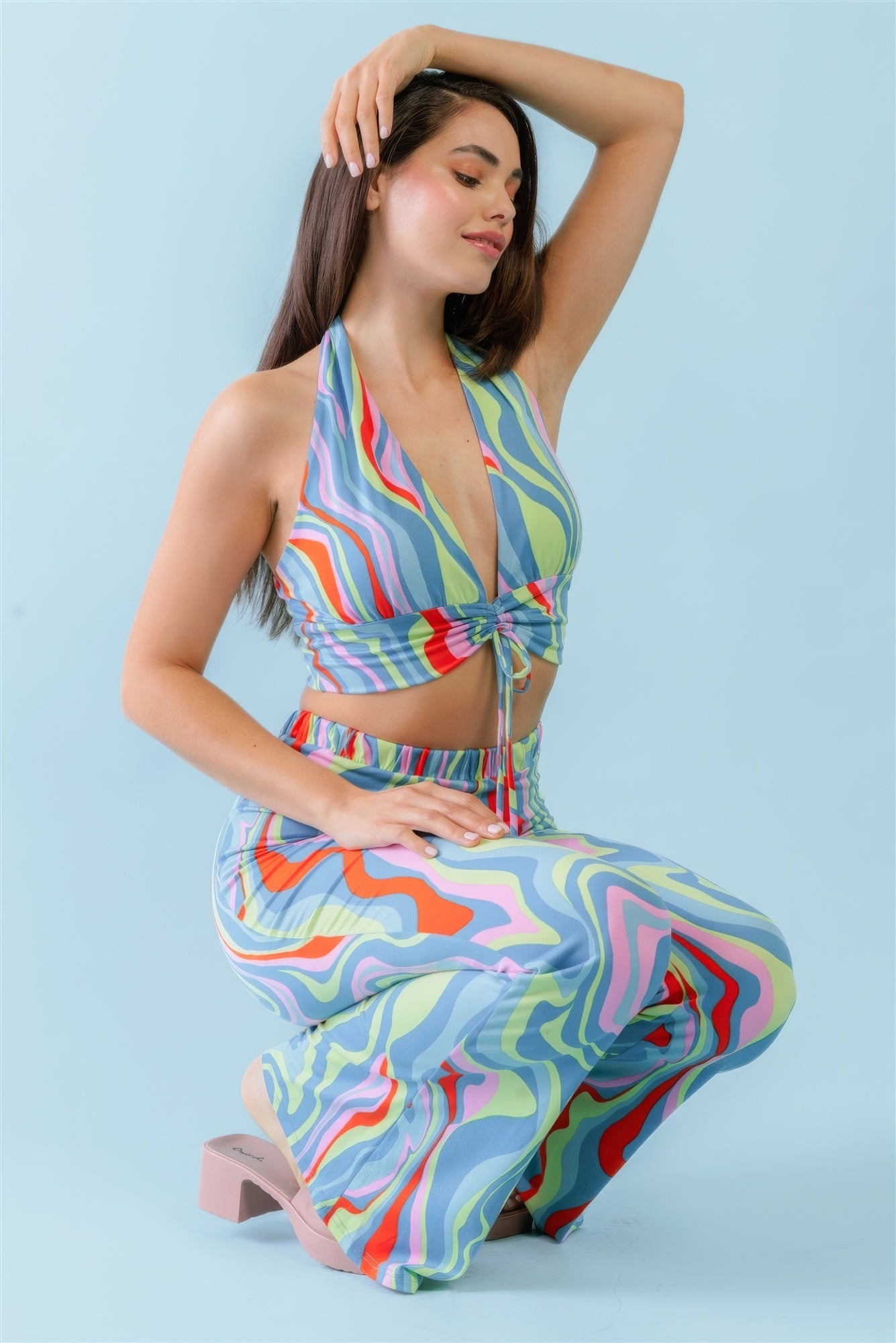 Multicolor Abstract Print Halter V-neck Ruched Open Back Crop Top & High Waist Pants Set-Teresa&#39;s Fashionista LLC