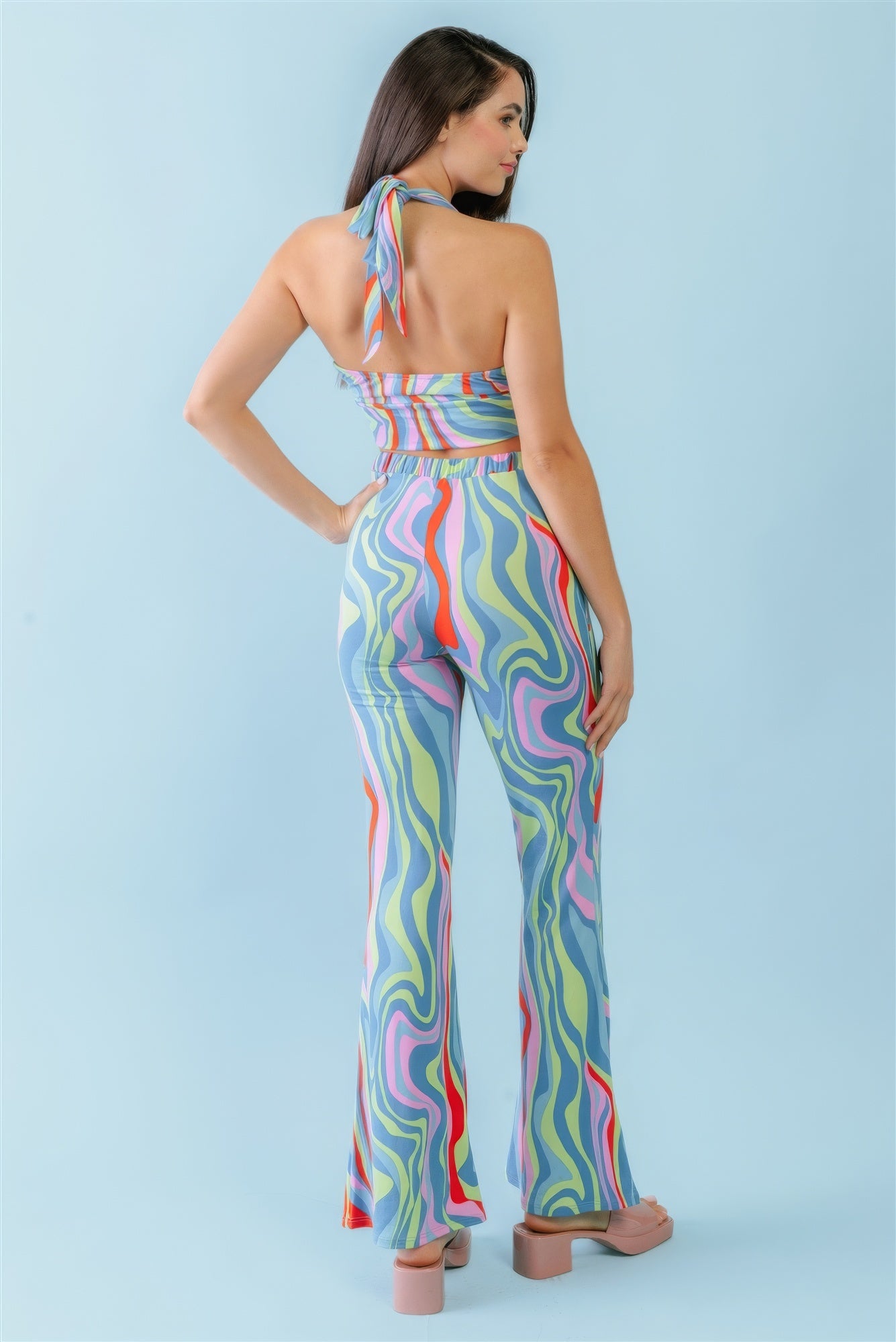 Multicolor Abstract Print Halter V-neck Ruched Open Back Crop Top & High Waist Pants Set-Teresa&#39;s Fashionista LLC