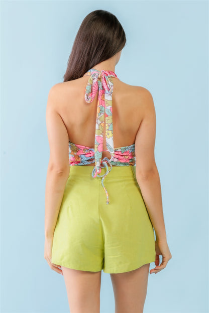 Multicolor Floral Print Sleeveless U-neck Self-tie Strap Bodysuit-Teresa&#39;s Fashionista LLC