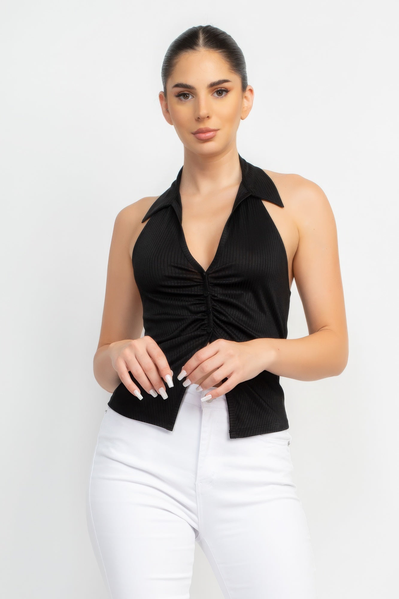 Collared Halter Open Back Top-Teresa&#39;s Fashionista LLC