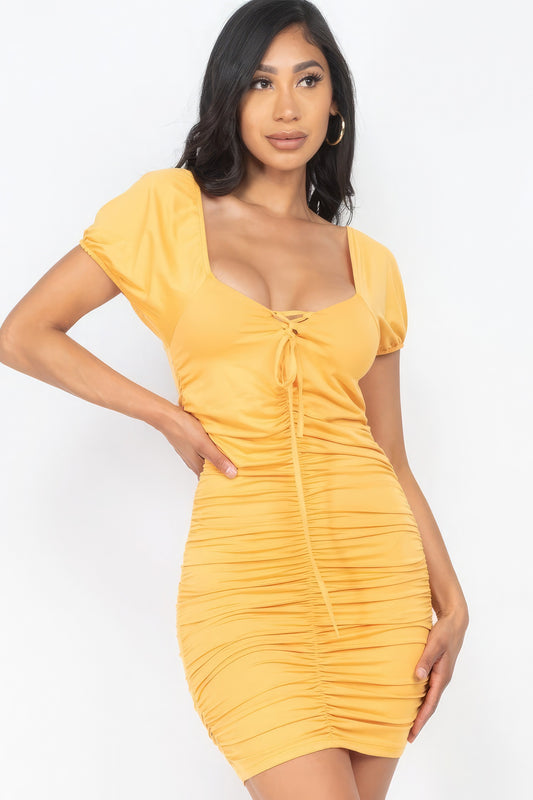 Front Lace Up Ruched Mini Dress-Teresa&#39;s Fashionista LLC