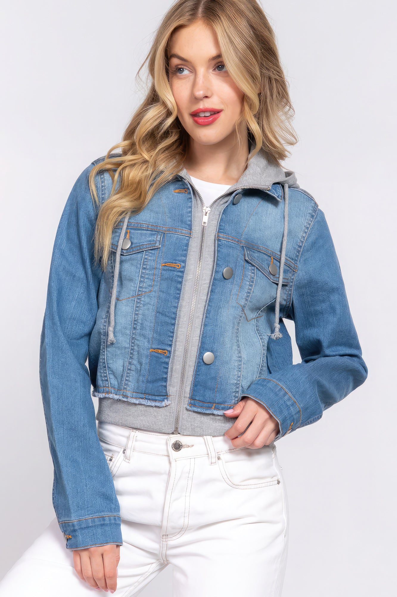 Long Slv Terry Hoodie Denim Jacket-Teresa&#39;s Fashionista LLC