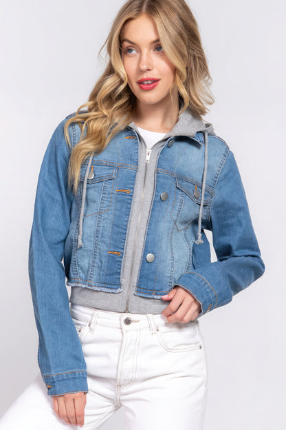 Long Slv Terry Hoodie Denim Jacket-Teresa&#39;s Fashionista LLC