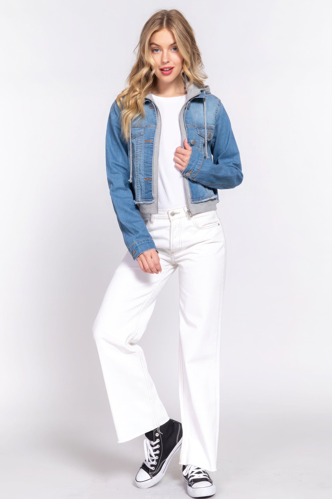 Long Slv Terry Hoodie Denim Jacket-Teresa&#39;s Fashionista LLC