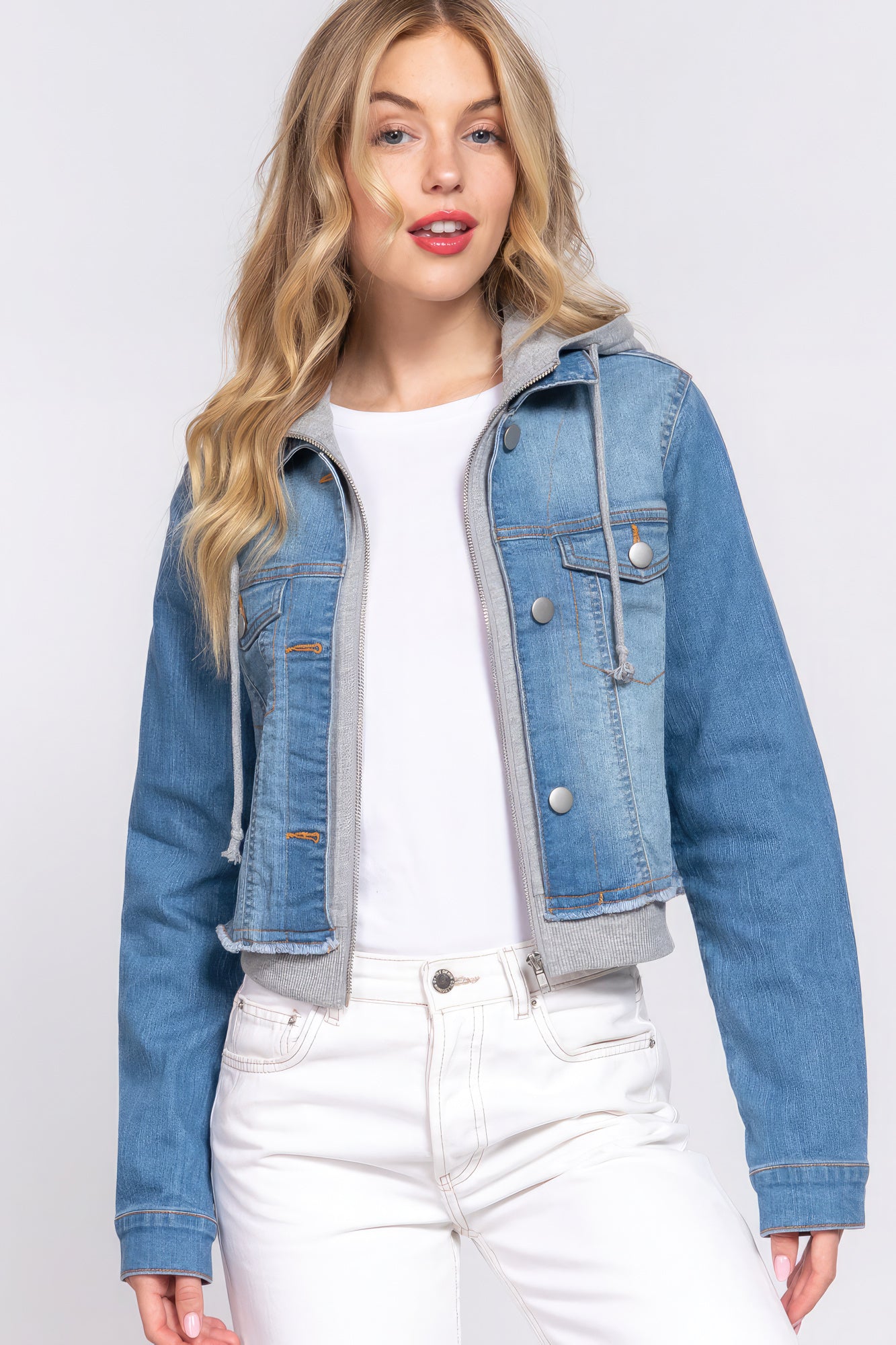 Long Slv Terry Hoodie Denim Jacket-Teresa&#39;s Fashionista LLC