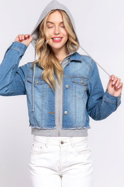 Long Slv Terry Hoodie Denim Jacket-Teresa&#39;s Fashionista LLC