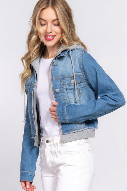 Long Slv Terry Hoodie Denim Jacket-Teresa&#39;s Fashionista LLC