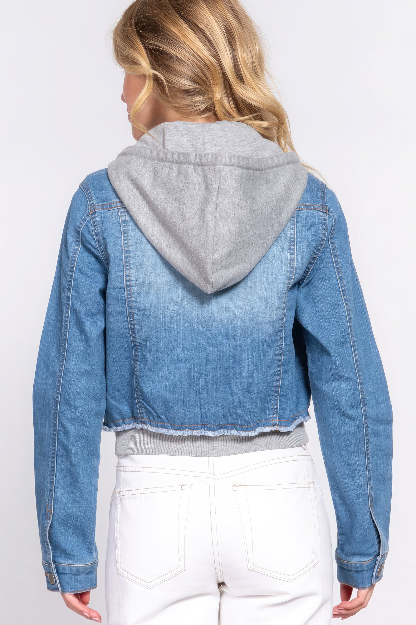 Long Slv Terry Hoodie Denim Jacket-Teresa&#39;s Fashionista LLC