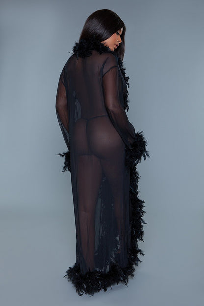 Sheer Full-length Robe With Chandelle Boa Feather Trim-Teresa&#39;s Fashionista LLC