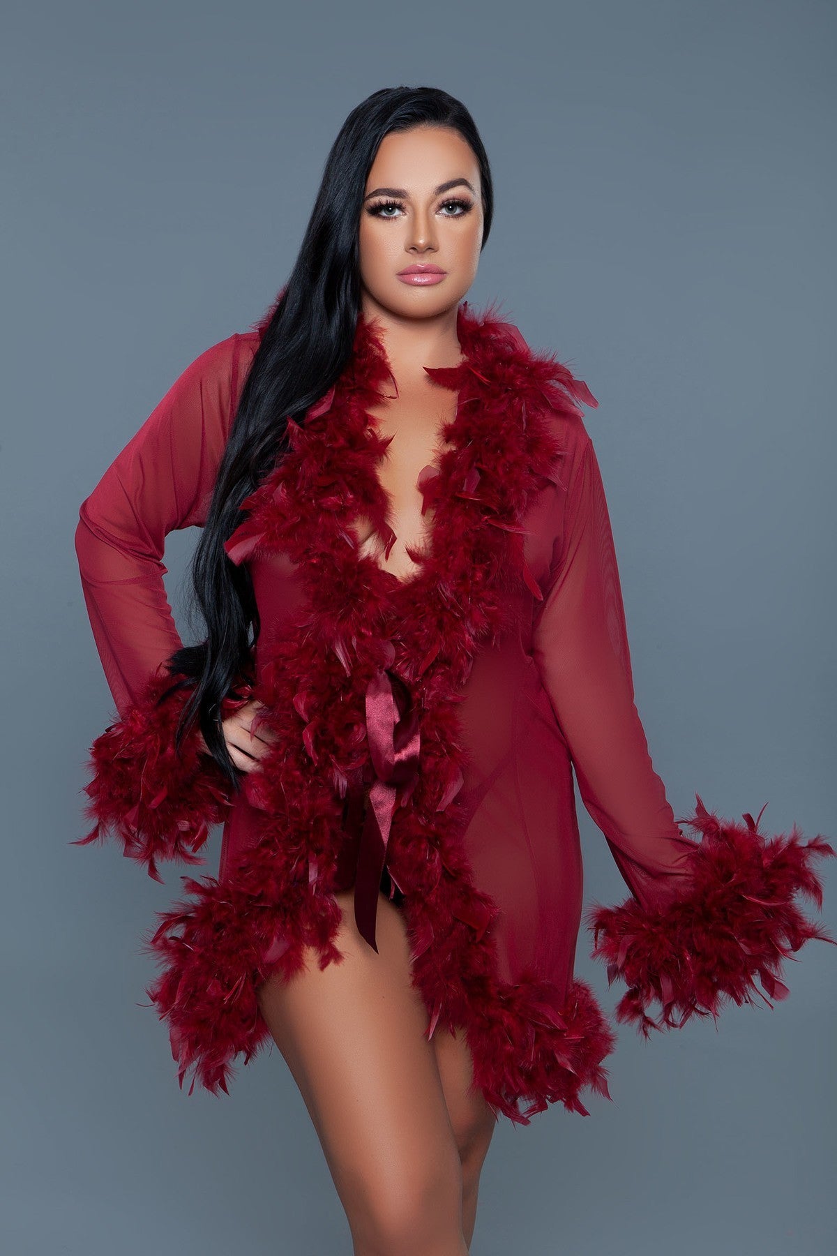 Knee Length Feather Robe With Ribbon Ties-Teresa&#39;s Fashionista LLC