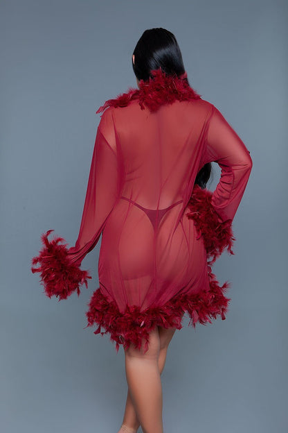 Knee Length Feather Robe With Ribbon Ties-Teresa&#39;s Fashionista LLC