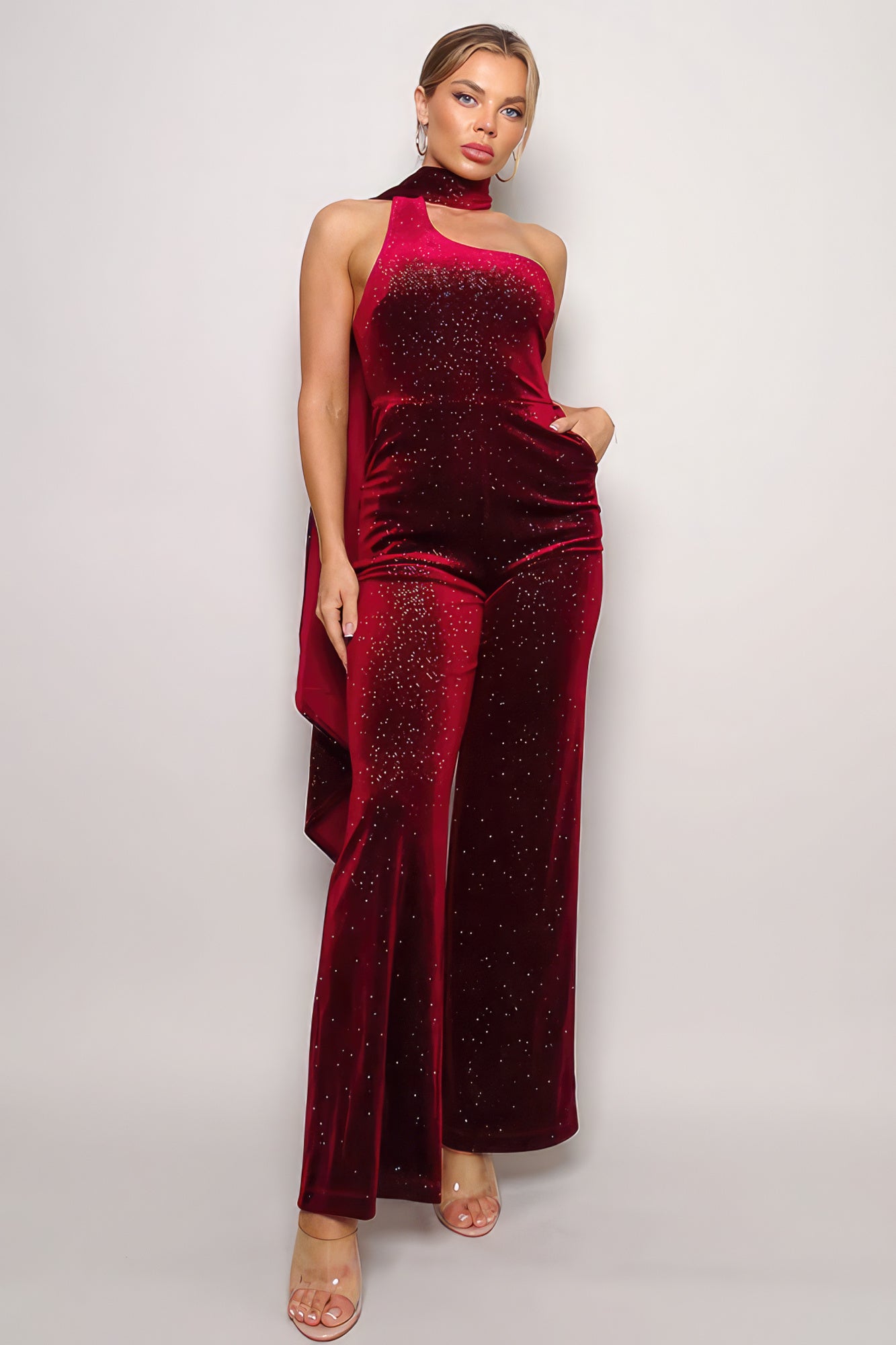 Scarf Top Glitter Velvet Jumpsuit-Teresa&#39;s Fashionista LLC