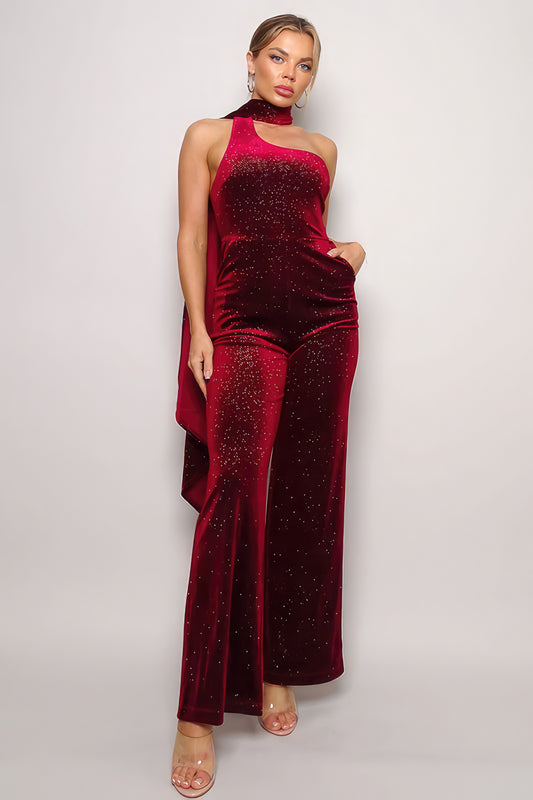 Scarf Top Glitter Velvet Jumpsuit - Teresa's Fashionista LLC