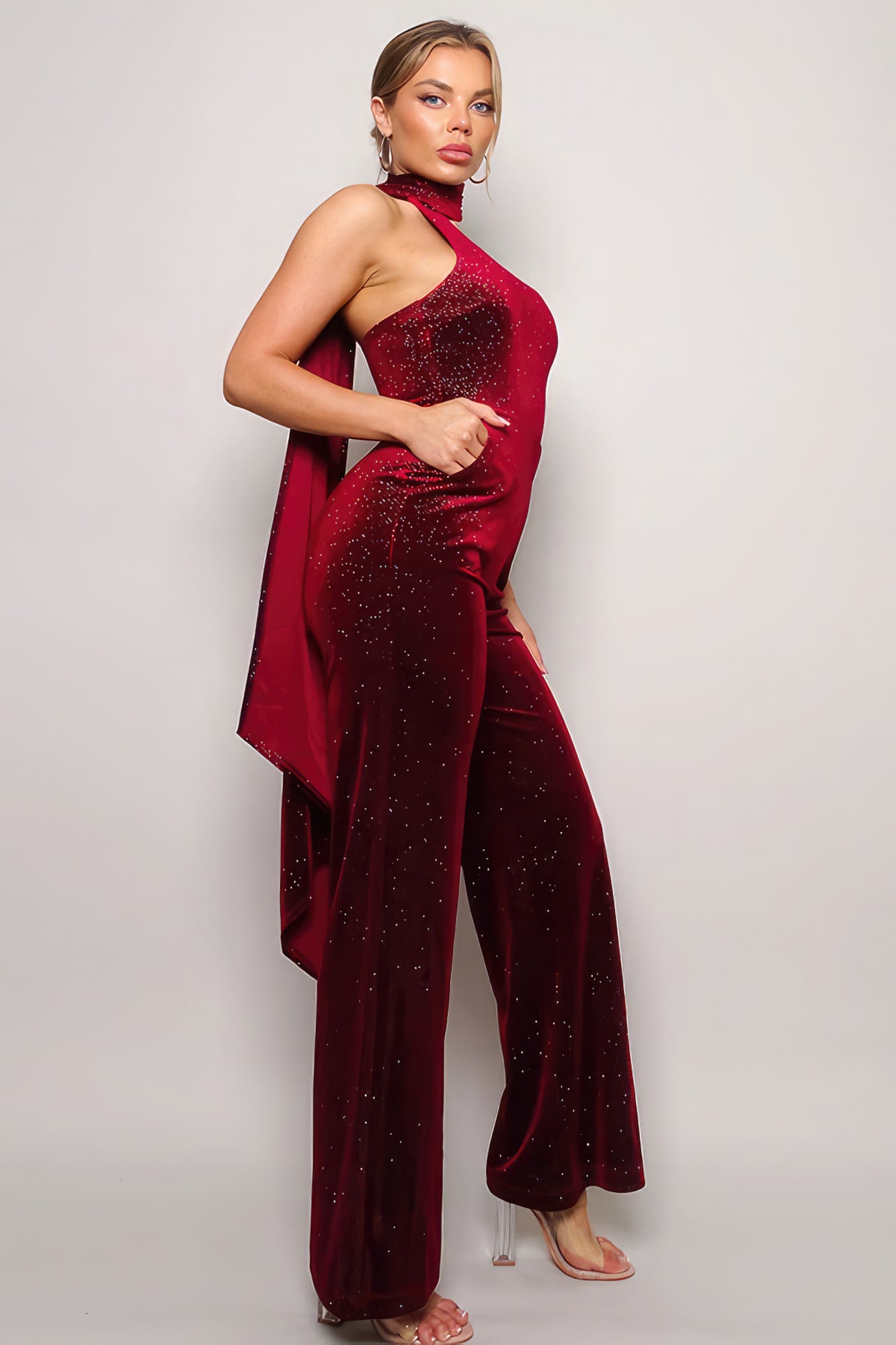 Scarf Top Glitter Velvet Jumpsuit-Teresa&#39;s Fashionista LLC