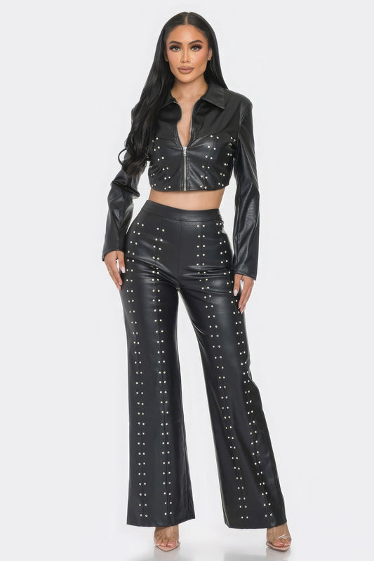 Faux Leather Set With Rhinestone Detail-Teresa&#39;s Fashionista LLC