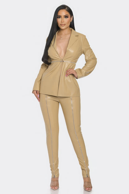 Pu Leather Zipper Pant Set-Teresa&#39;s Fashionista LLC