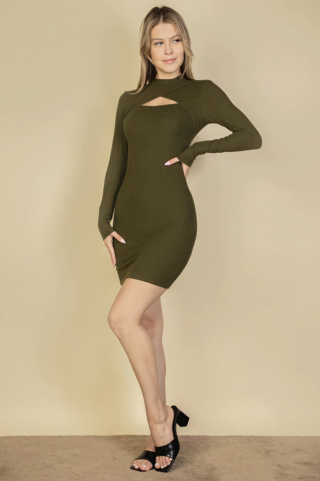 Ribbed Cut Out Front Long Sleeve Bodycon Mini Dress-Teresa&#39;s Fashionista LLC