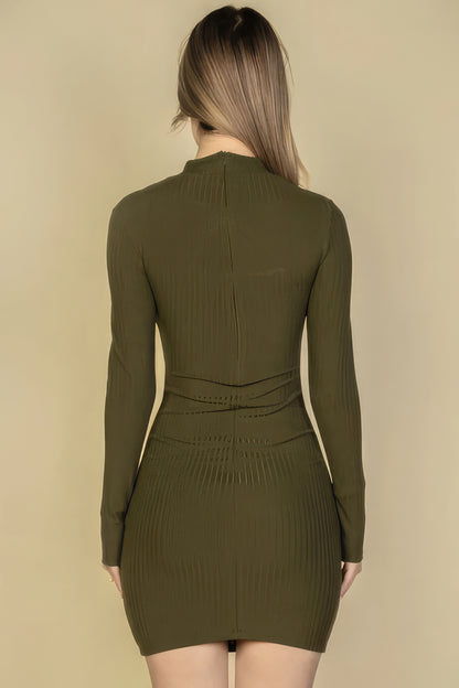 Ribbed Cut Out Front Long Sleeve Bodycon Mini Dress-Teresa&#39;s Fashionista LLC