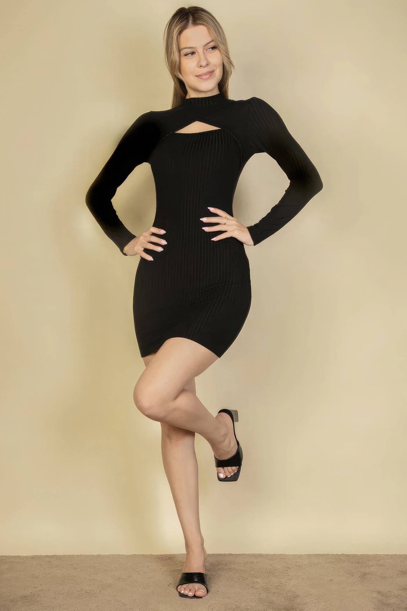 Ribbed Cut Out Front Long Sleeve Bodycon Mini Dress-Teresa&#39;s Fashionista LLC