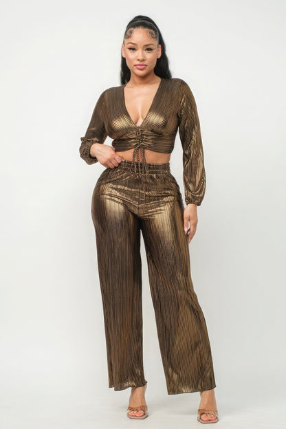 Foil Plisse Tunnel Shirring Top And Pants Set-Teresa&#39;s Fashionista LLC