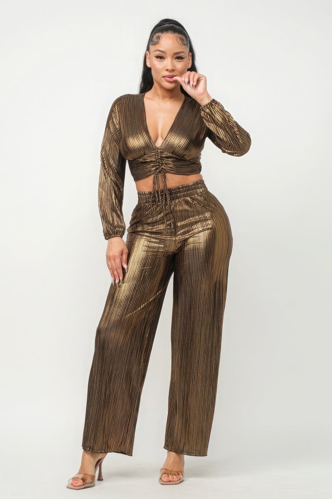 Foil Plisse Tunnel Shirring Top And Pants Set-Teresa&#39;s Fashionista LLC