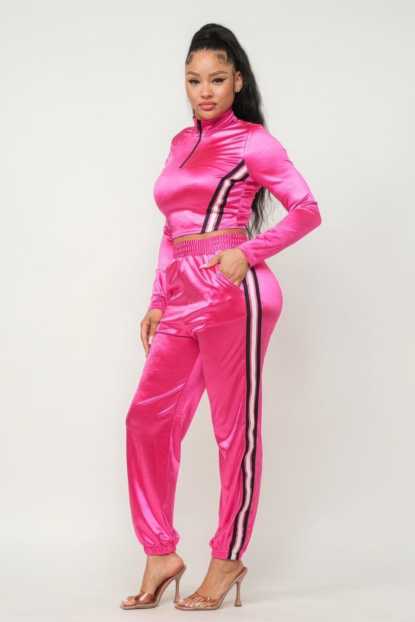 Front Zip Up Stripes Detail Jacket And Pants Set-Teresa&#39;s Fashionista LLC