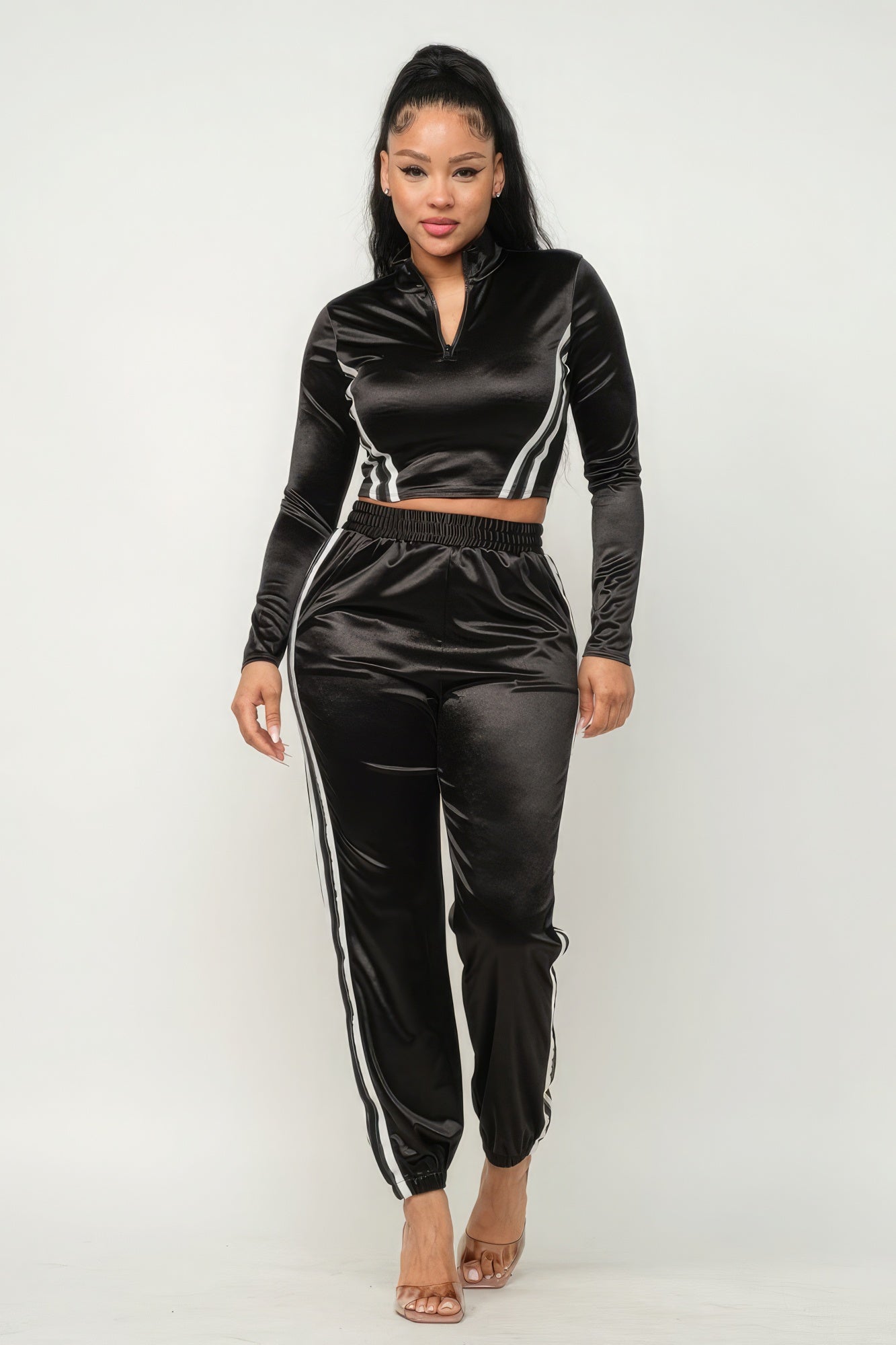 Front Zip Up Stripes Detail Jacket And Pants Set-Teresa&#39;s Fashionista LLC