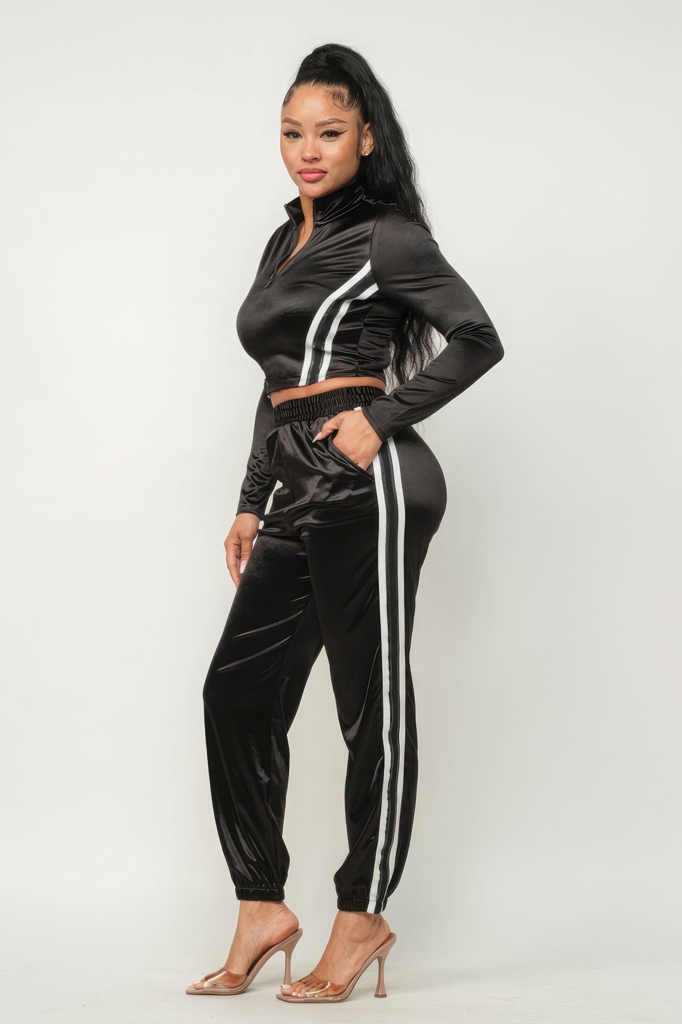 Front Zip Up Stripes Detail Jacket And Pants Set-Teresa&#39;s Fashionista LLC