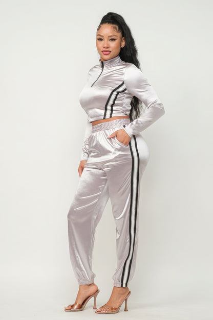 Front Zip Up Stripes Detail Jacket And Pants Set-Teresa&#39;s Fashionista LLC