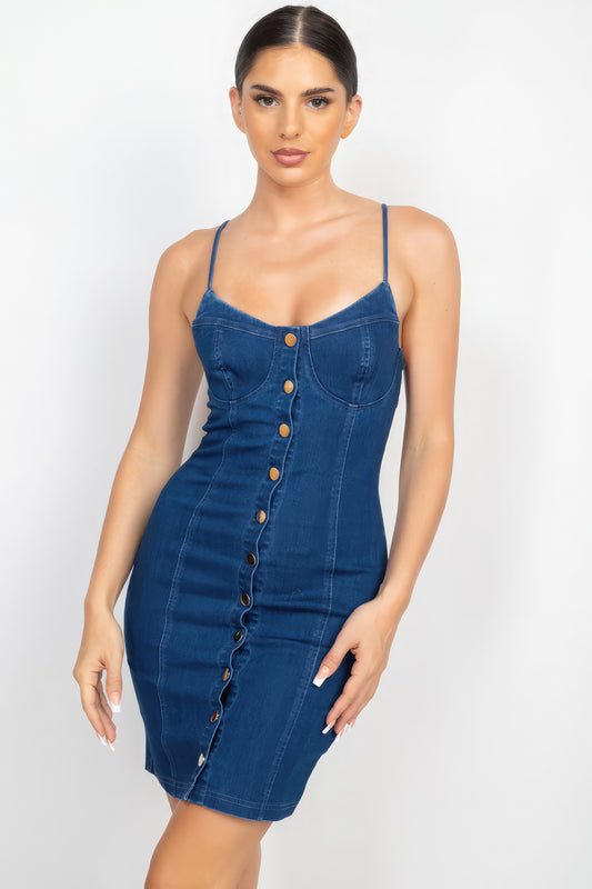 Front Button Cami Denim Dress-Teresa&#39;s Fashionista LLC