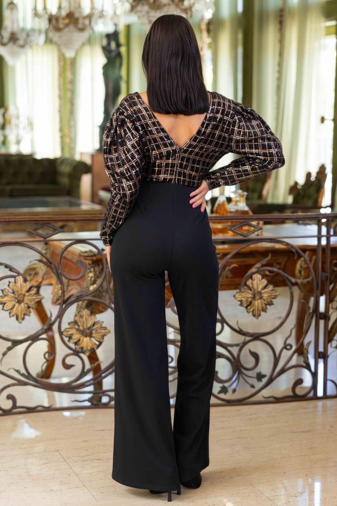 Checker Print Sequin Fashion Jumpsuit-Teresa&#39;s Fashionista LLC