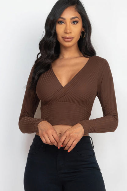 Ribbed Wrap Front Long Sleeve Top-Teresa&#39;s Fashionista LLC